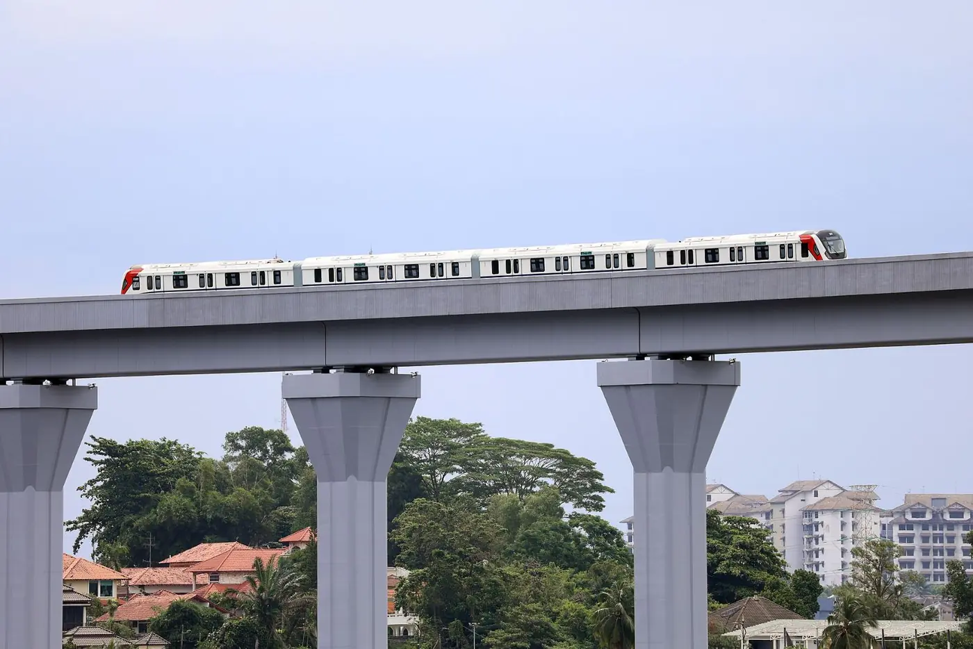 RTS Link train on a viaduct during trial runs